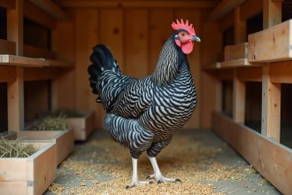 Poule Plymouth Rock dans un poulailler en bois avec perchoirs et nids garnis de paille