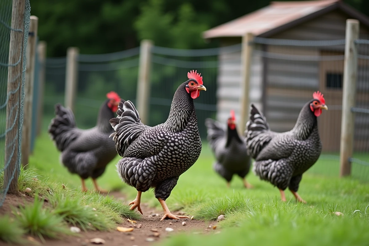 Groupe de poules Plymouth Rock en liberté dans un enclos extérieur grillagé avec poulailler