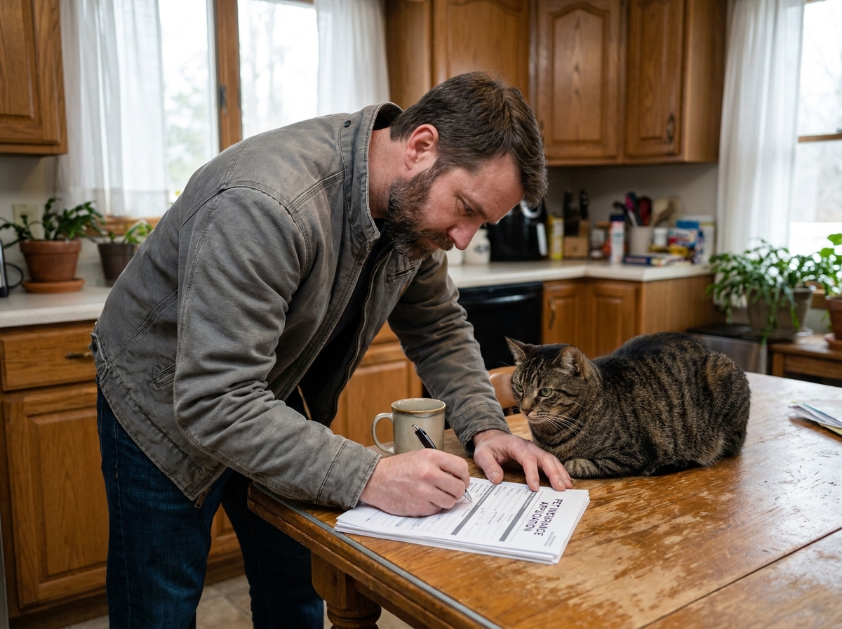 Homme remplissant un formulaire d'assurance animaux avec son chat à ses côtés dans une cuisine, symbolisant la gestion des sinistres en cas d'accident animal