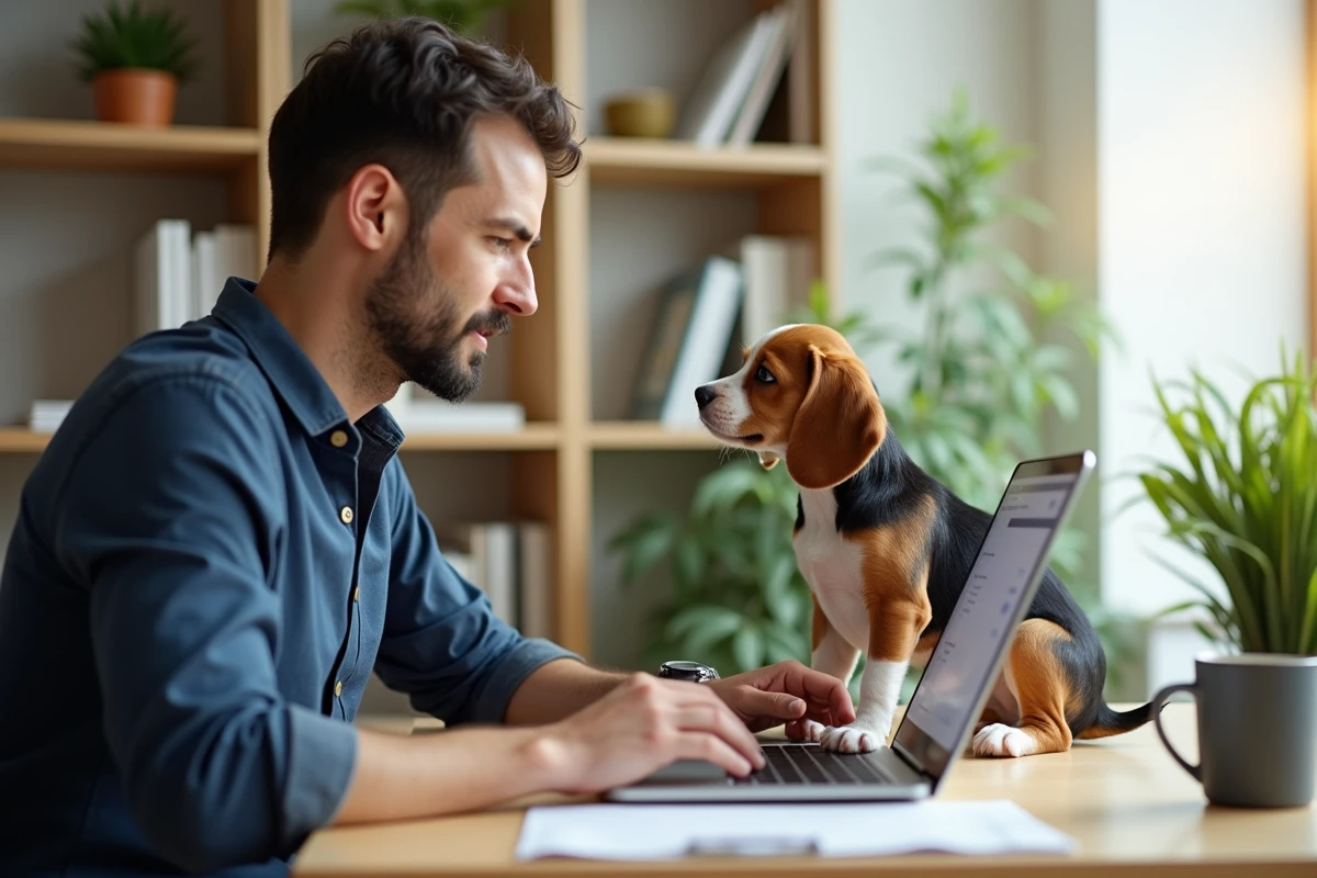 Homme souscrivant une assurance animaux en ligne avec son chiot beagle, démarche de protection pour jeune animal de compagnie