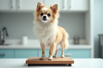 Spitz chiwawa adulte sur une balance vétérinaire mesurant son poids idéal