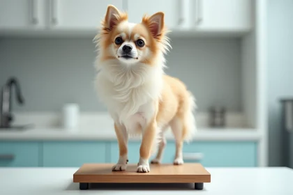Spitz chiwawa adulte sur une balance vétérinaire mesurant son poids idéal