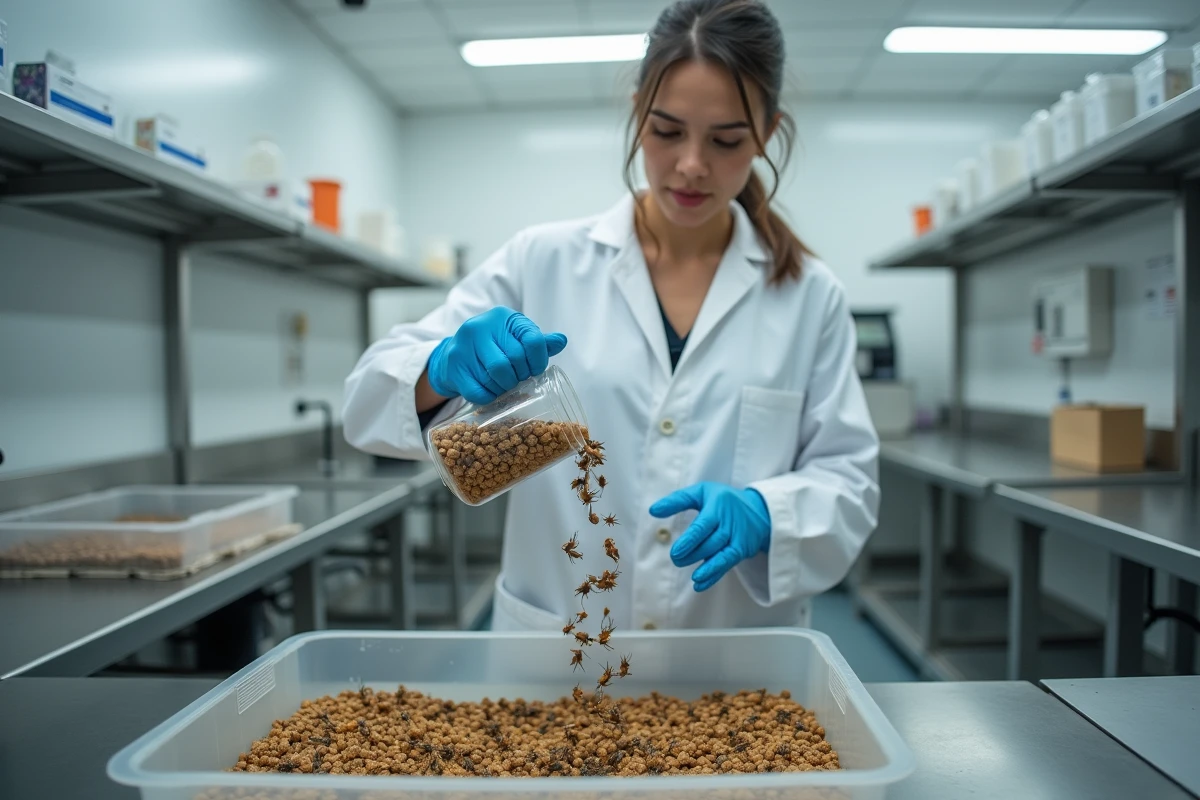 Technicienne en élevage de grillons versant des granulés alimentaires dans un bac d'élevage professionnel