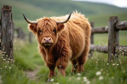 Vache Highland miniature fluffy au pelage caramel dans un pâturage vert avec clôture en bois rustique