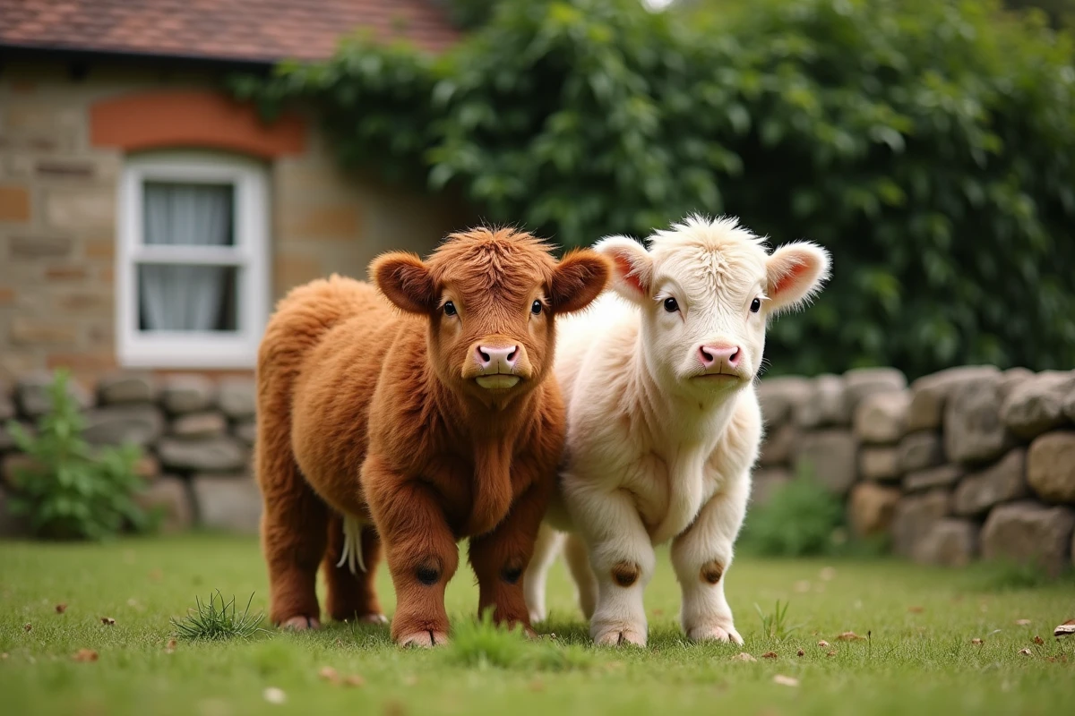 Deux vaches fluffy miniatures dans un jardin privé avec maison en pierre, illustrant la détention légale à domicile