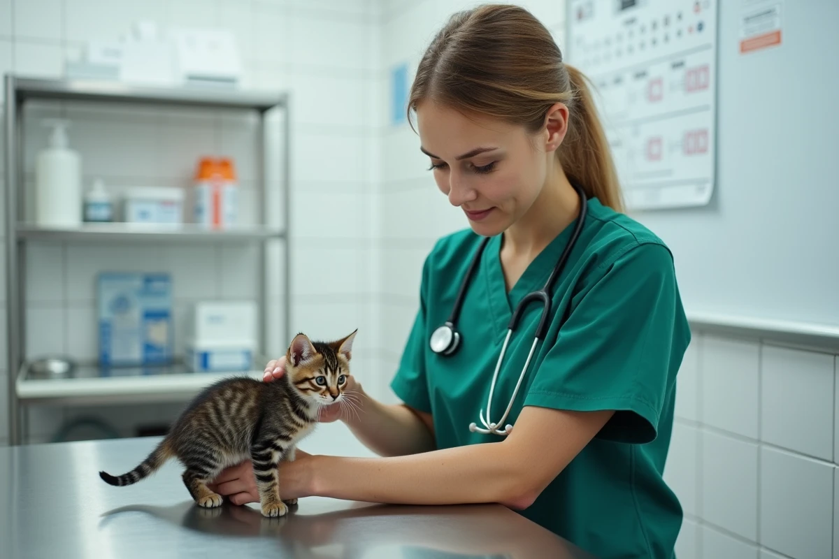 Vétérinaire examinant un jeune chaton en clinique, représentant l'importance de l'assurance santé pour animaux de compagnie