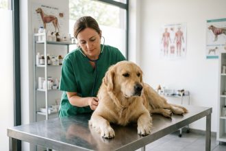 Vétérinaire examinant un golden retriever blessé dans une clinique vétérinaire moderne, illustrant la prise en charge animale en cas d'accident