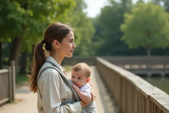 Mère portant son bébé en porte-bébé ventral lors d'une visite au zoo d'Annecy, devant une clôture en bois naturelle