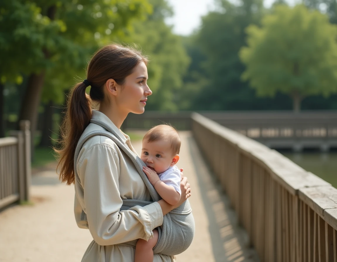 Mère portant son bébé en porte-bébé ventral lors d'une visite au zoo d'Annecy, devant une clôture en bois naturelle