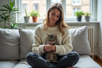 Jeune femme tenant un chaton de 3 mois dans un appartement moderne à Rennes, ambiance chaleureuse et domestique
