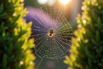 Araignée Argiope bruennichi sur sa toile dans un jardin du sud de la France, gouttelettes de rosée visibles
