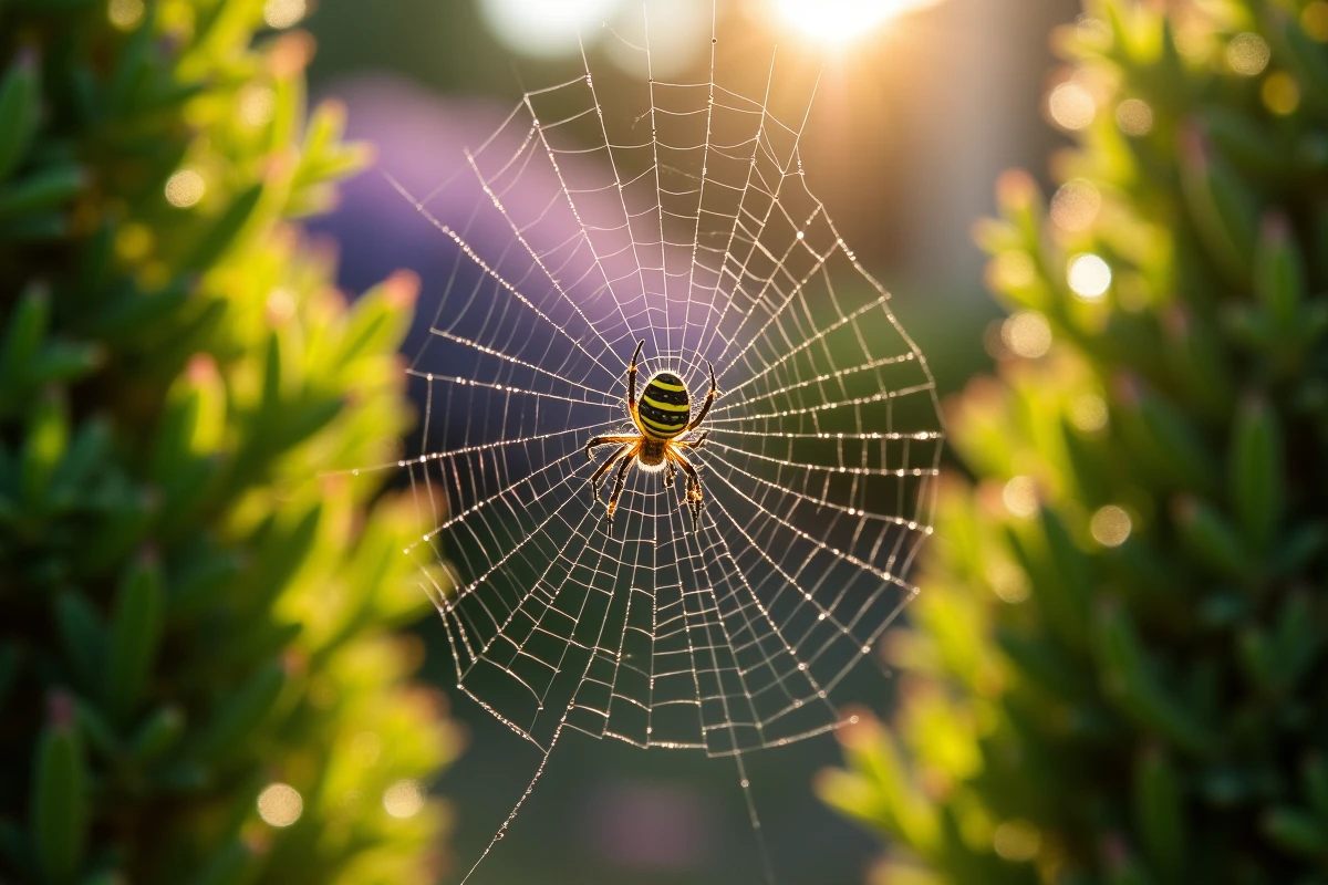 Araignée Argiope bruennichi sur sa toile dans un jardin du sud de la France, gouttelettes de rosée visibles
