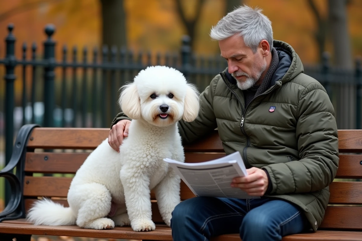 Homme d'âge moyen promenant un Bichon Frisé au pelage bouclé et hypoallergénique dans un parc en automne