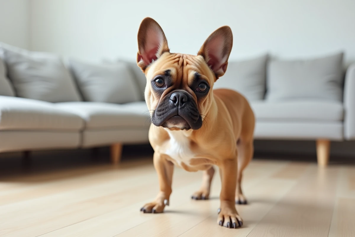 Bouledogue français fauve à poil court dans un salon moderne scandinave, petite race populaire en 2026