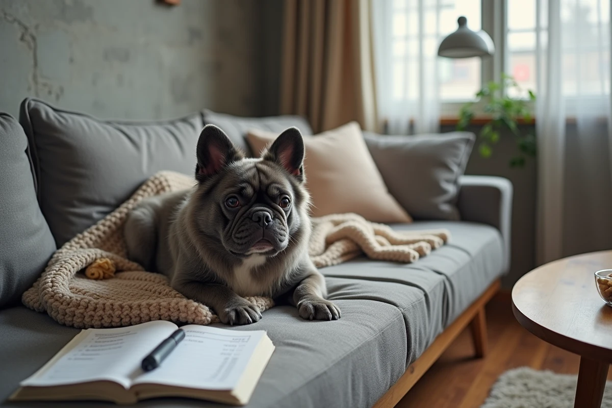 Bouledogue français à poil long allongé sur un canapé à côté d'un carnet de budget consacré aux dépenses pour animaux
