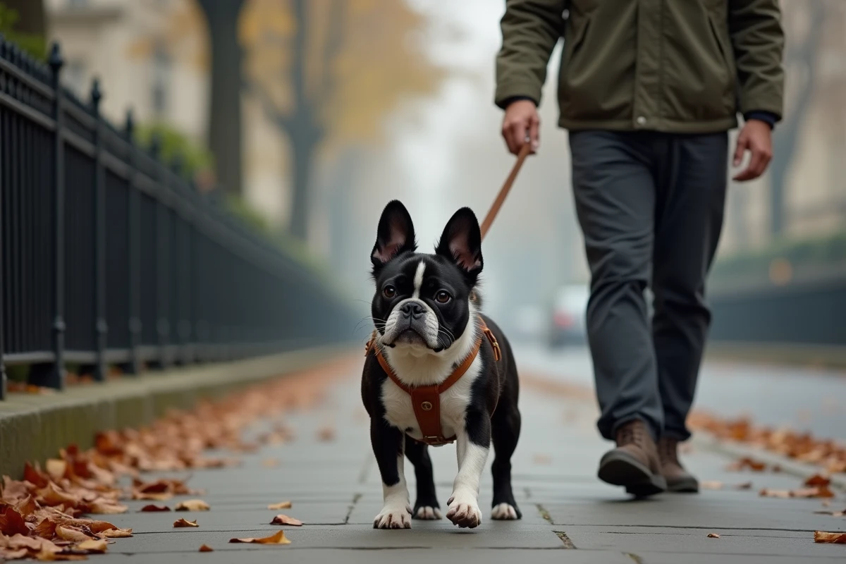 Bouledogue français à poil long en promenade matinale dans une rue parisienne avec son propriétaire en automne