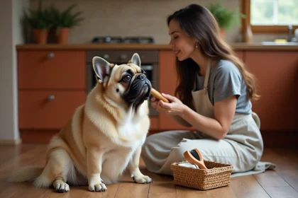 Bouledogue français à poil long assis dans une cuisine moderne pendant une séance de toilettage quotidien avec sa propriétaire