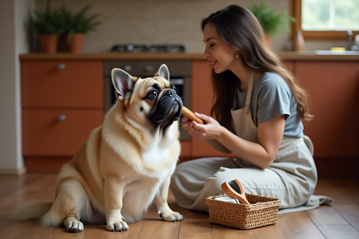 Bouledogue français à poil long assis dans une cuisine moderne pendant une séance de toilettage quotidien avec sa propriétaire