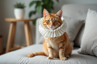 Chat tigré orange portant une collerette blanche assis sur un canapé gris, l'air détendu malgré l'accessoire vétérinaire