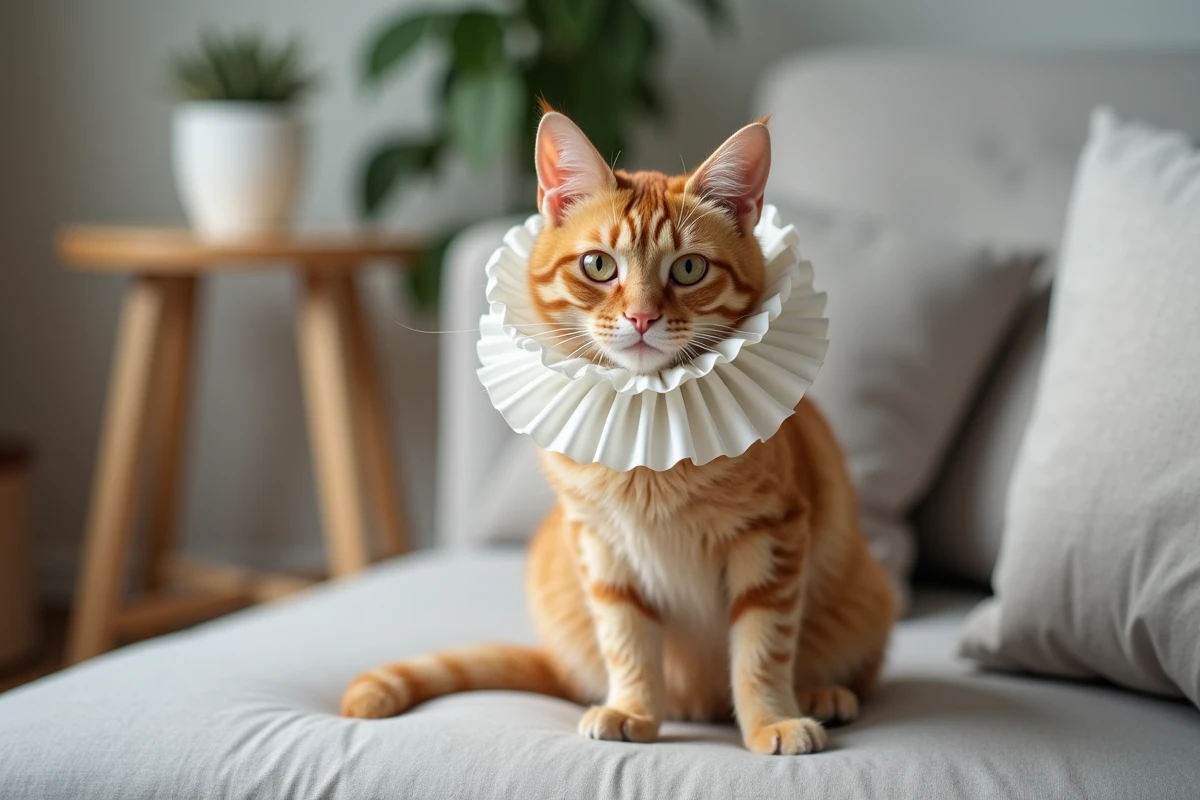 Chat tigré orange portant une collerette blanche assis sur un canapé gris, l'air détendu malgré l'accessoire vétérinaire