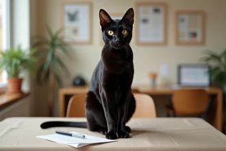 Chat égyptien noir adulte assis sur un bureau d'adoption dans un refuge, regardant l'objectif avec des yeux ambrés expressifs