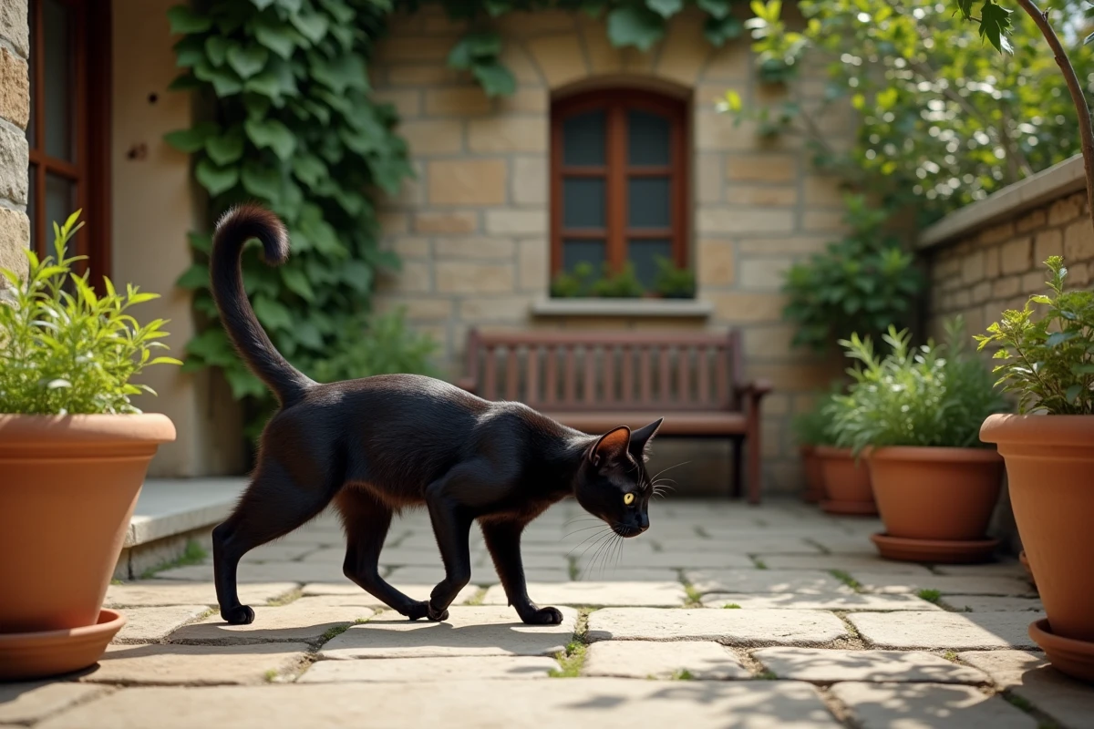 Chat égyptien noir explorant librement une cour extérieure sécurisée avec des plantes aromatiques et des murs en pierre