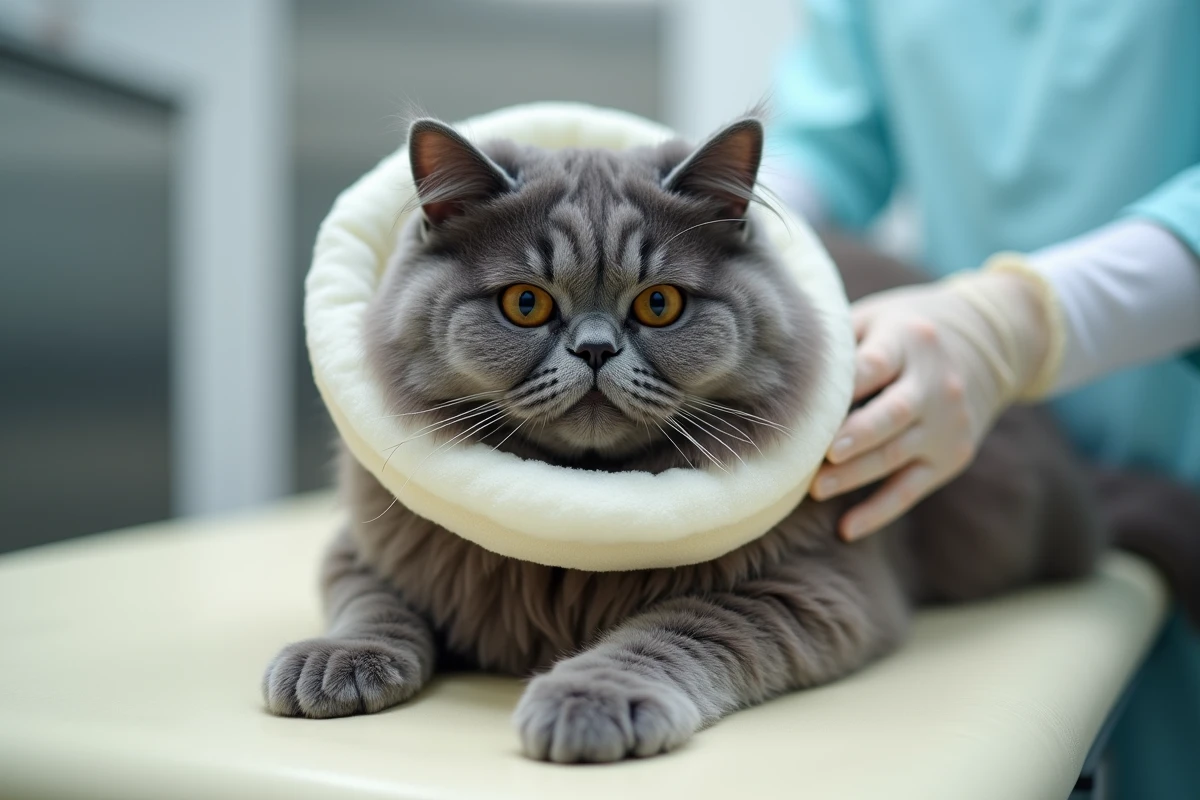 Chat persan gris portant une collerette mousse douce sur une table vétérinaire, entouré de mains gantées d'un vétérinaire