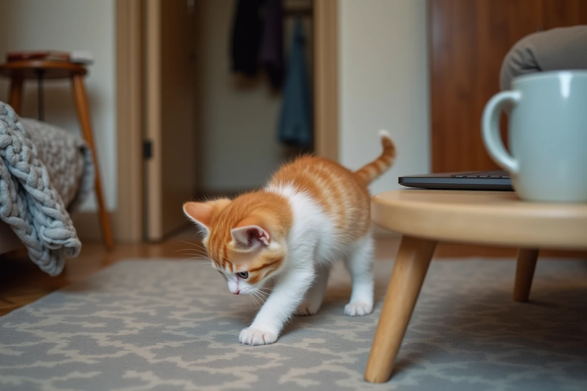 Chaton roux de 3 mois explorant un appartement à Rennes, vue depuis le sol mettant en valeur son environnement domestique