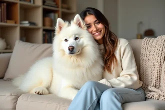 Femme souriante câlinant un Samoyède blanc au pelage doux et hypoallergénique sur un canapé en lin beige dans un salon scandinave