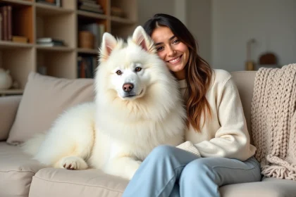 Femme souriante câlinant un Samoyède blanc au pelage doux et hypoallergénique sur un canapé en lin beige dans un salon scandinave
