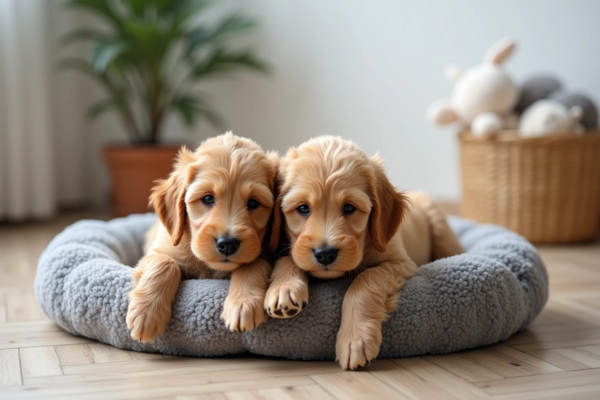 Deux chiots Labradoodle au pelage ondulé doux et hypoallergénique allongés sur un coussin gris dans un intérieur moderne