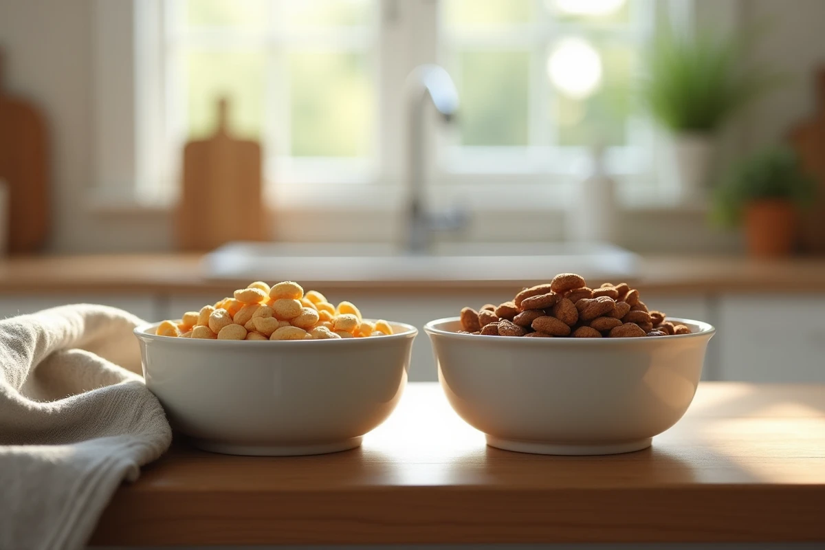 Comparaison entre deux bols de croquettes pour chien, croquettes classiques et croquettes premium côte à côte sur un plan de travail en bois