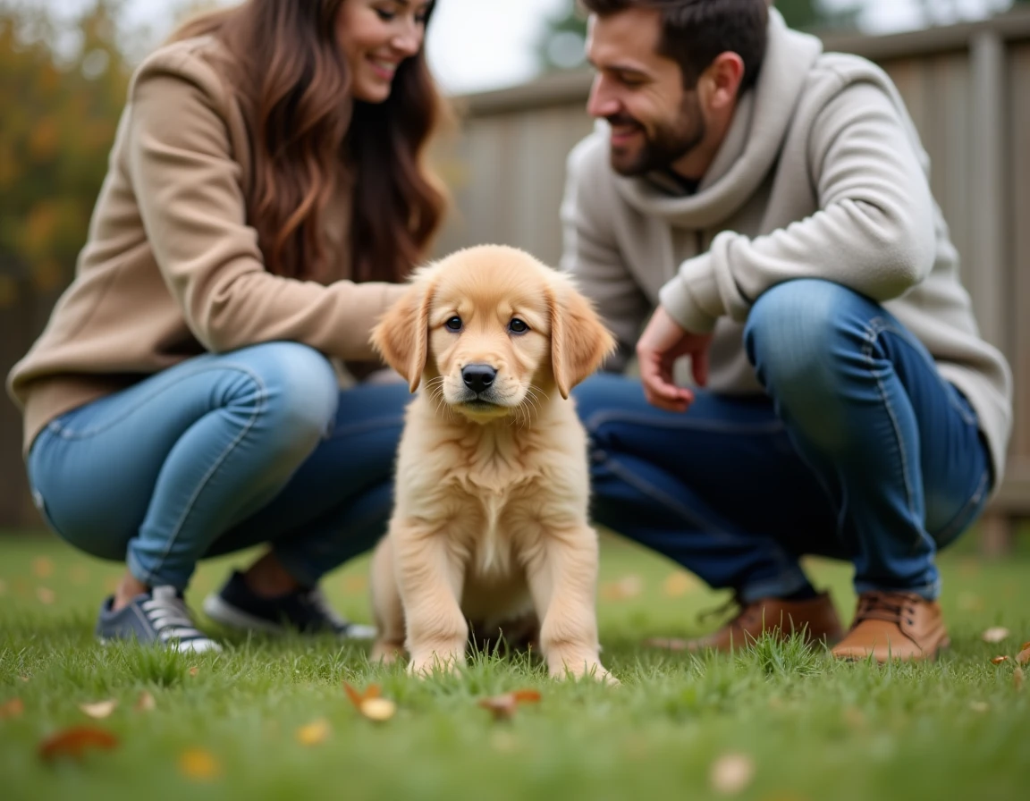 Couple découvrant un chiot Golden Retriever miniature chez un éleveur sérieux avant achat