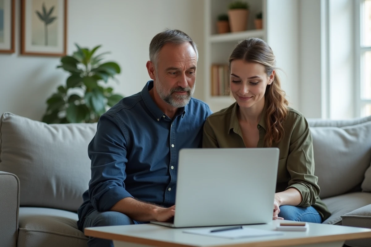 Couple consultant les conditions d'adoption du Fonds Saint Bernard sur un ordinateur portable