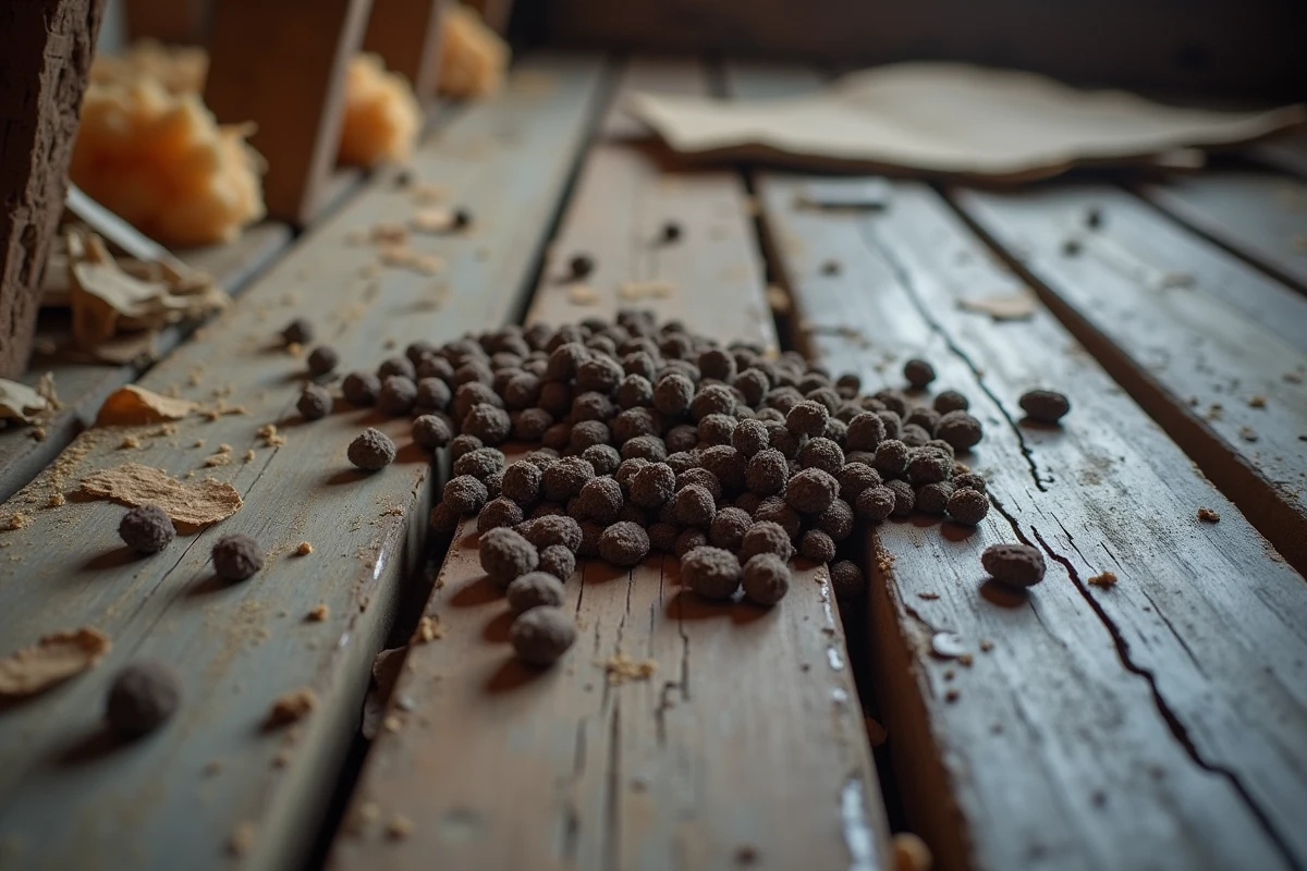 Gros plan de crottes de rat sur des planches en bois d'un grenier avec des débris de matériaux isolants rongés