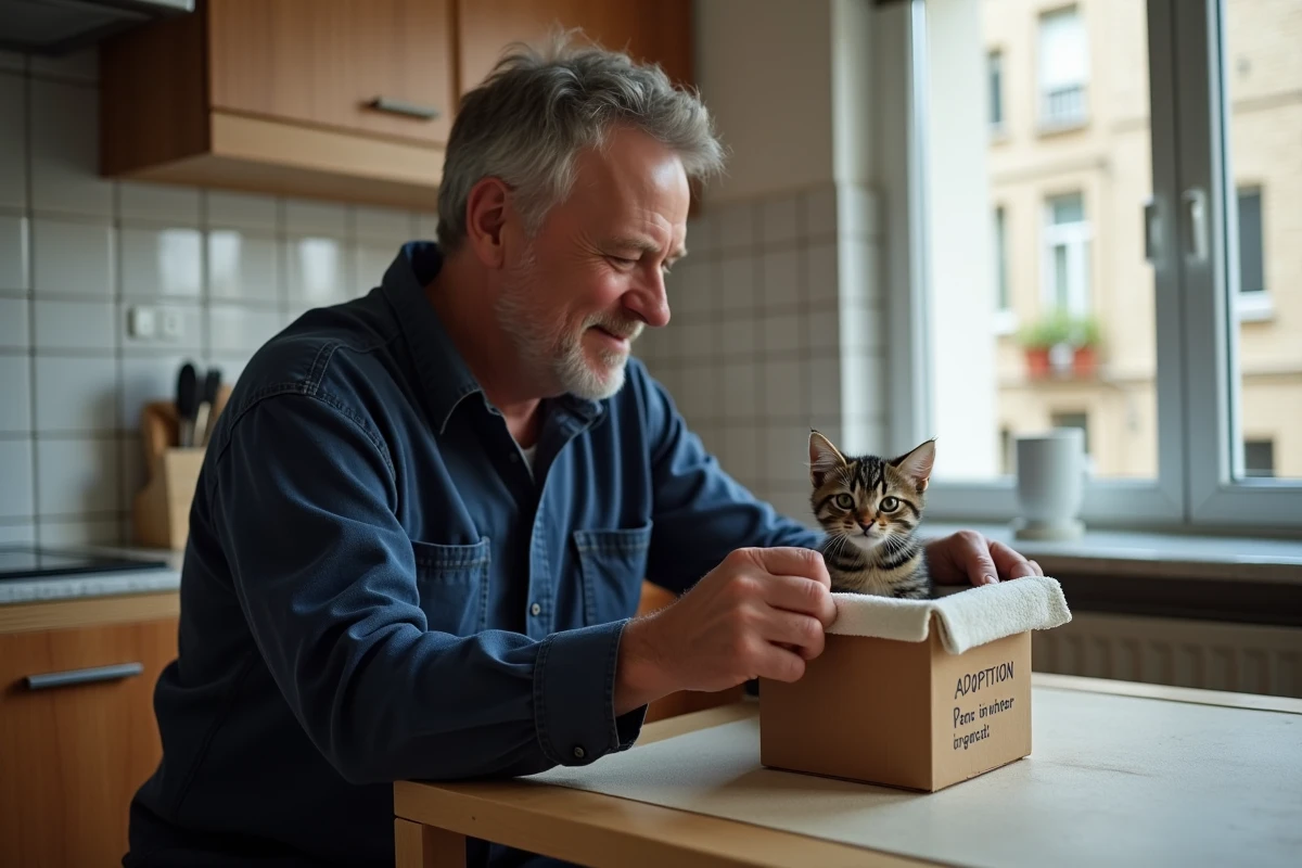 Homme posant un chaton gris de 3 mois dans une boîte d'adoption dans une cuisine d'appartement à Rennes
