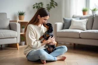 Jeune femme tenant un chiot Teckel nain poil long Arlequin dans un salon scandinave chaleureux, éducation bienveillante