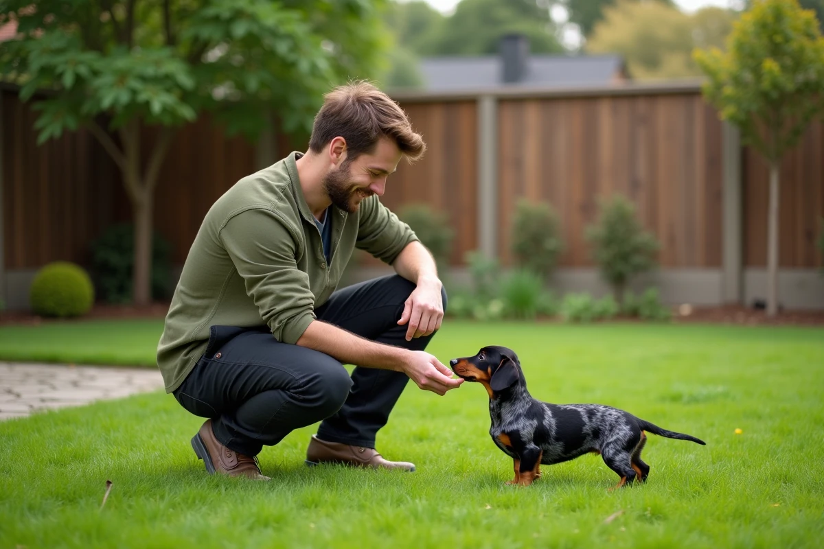 Homme en extérieur entraînant un chiot Teckel nain poil long Arlequin dans un jardin avec douceur et patience