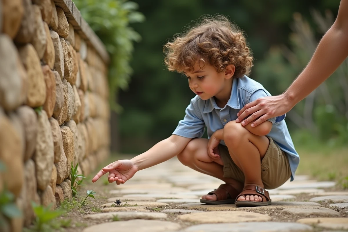 Enfant observant une araignée sur un mur en pierre en Provence, adulte rassurant à ses côtés