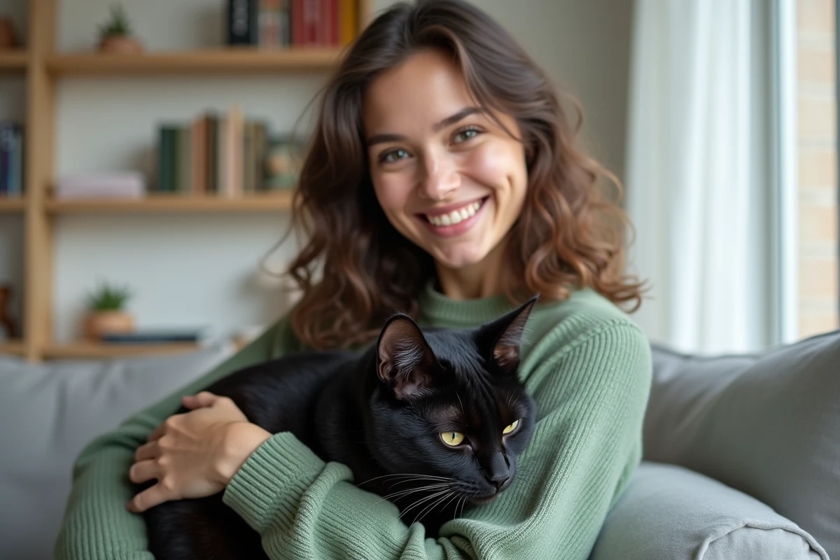 Jeune femme tenant affectueusement un chat égyptien noir dans ses bras dans un appartement moderne et lumineux