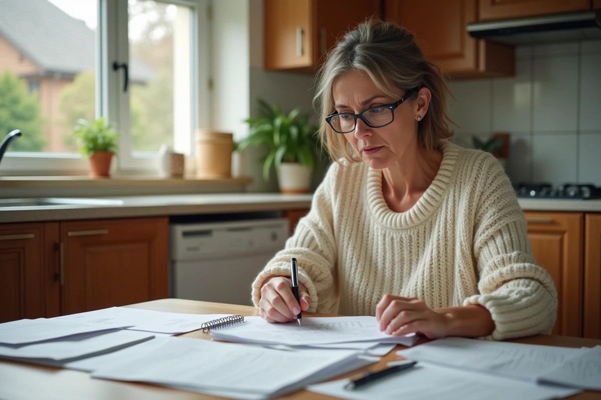 Femme examinant des formulaires de demande d'adoption du Fonds Saint Bernard à une table de cuisine