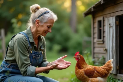 Femme nourrissant une poule pondeuse à la main dans un jardin potager, favorisant la longévité de la volaille