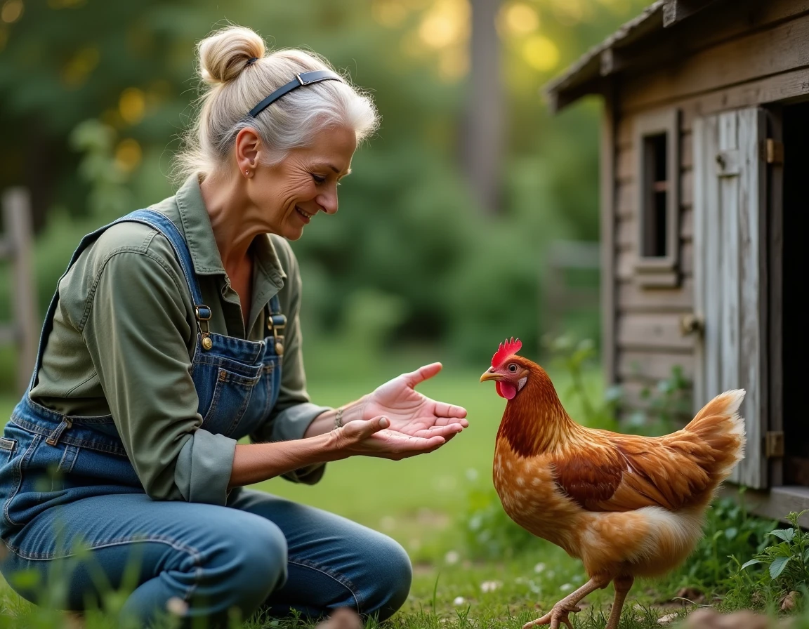 Femme nourrissant une poule pondeuse à la main dans un jardin potager, favorisant la longévité de la volaille