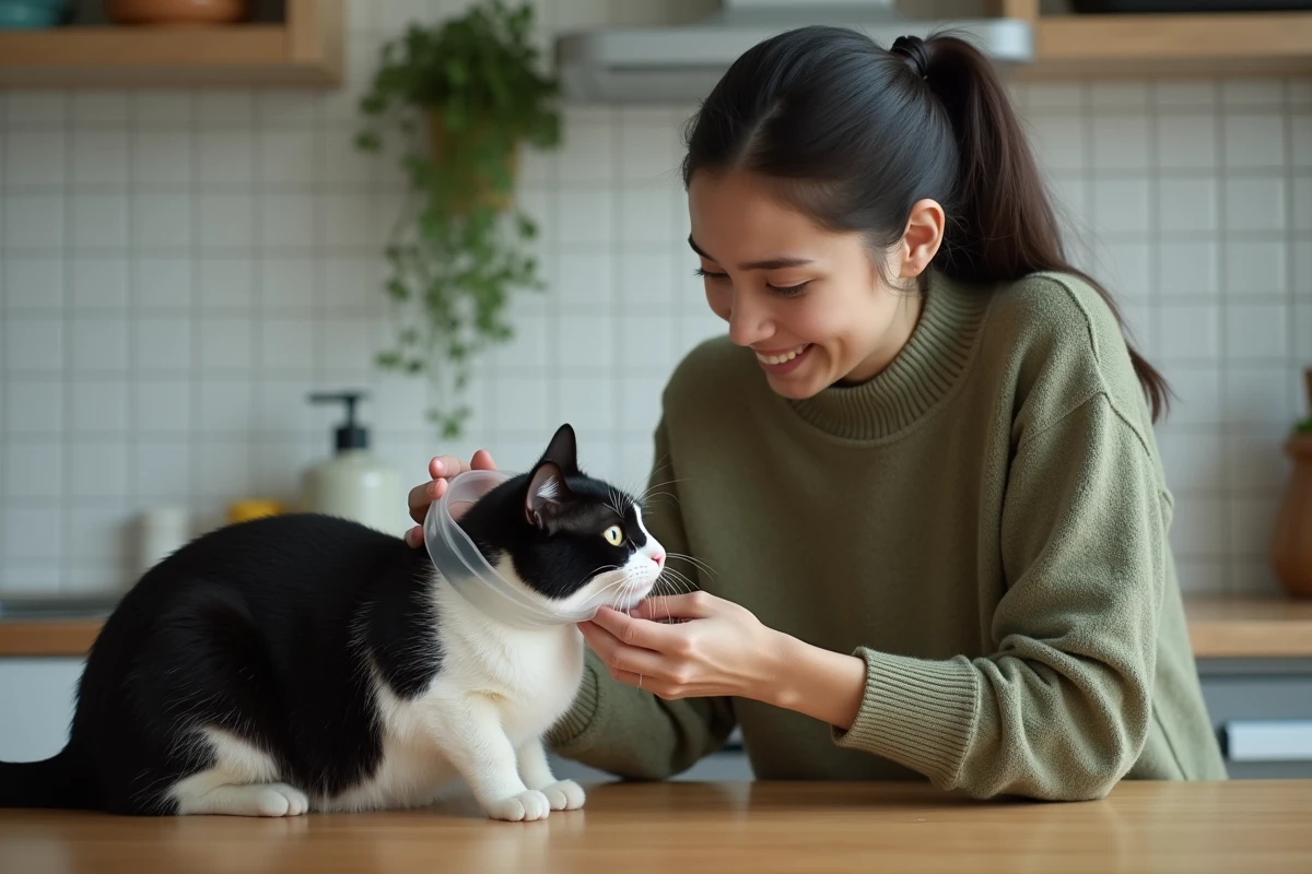 Femme ajustant une collerette transparente autour du cou d'un chat noir et blanc sur une table en bois dans une cuisine