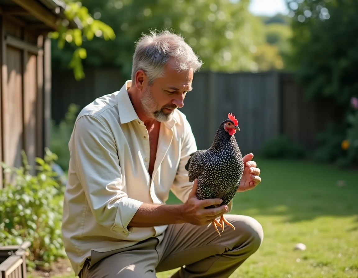 Homme inspectant attentivement une poule pondeuse Sussex dans son jardin pour surveiller sa santé et prolonger sa durée de vie
