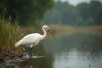 Ibis blanc debout au bord d'un étang naturel, animal commençant par la lettre I idéal pour les jeux de mots et quiz animaliers