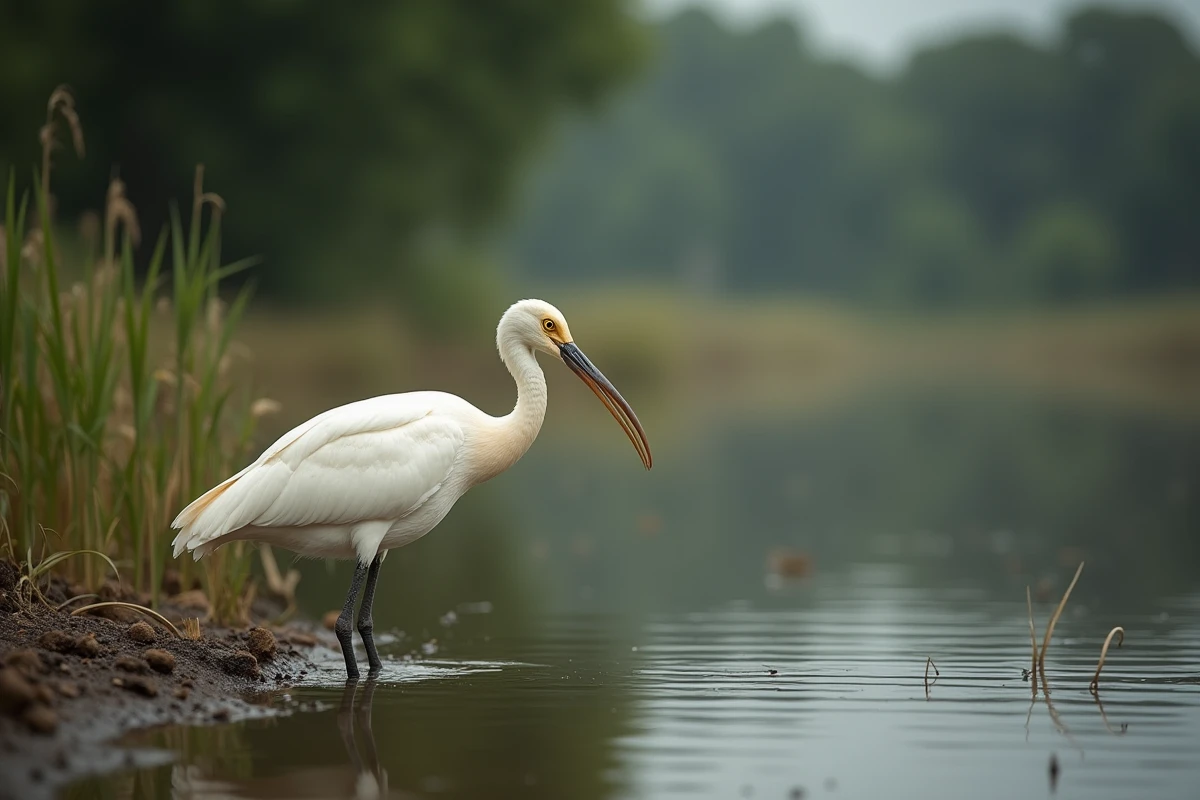 Ibis blanc debout au bord d'un étang naturel, animal commençant par la lettre I idéal pour les jeux de mots et quiz animaliers