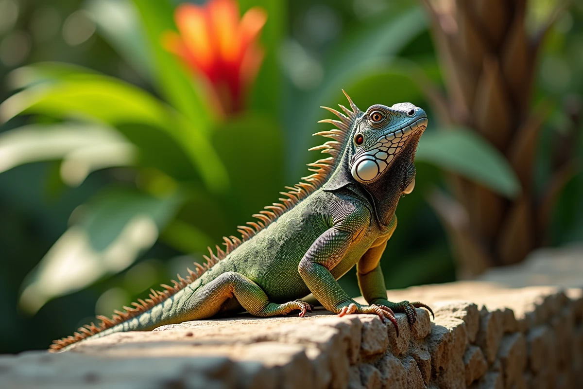 Iguane vert perché sur un muret en pierre dans un jardin tropical, reptile en I parfait pour enrichir un vocabulaire animalier