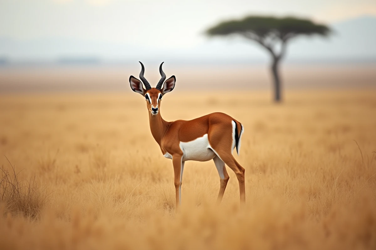 Impala en alerte dans la savane africaine dorée, mammifère commençant par I représentatif des animaux sauvages pour quiz et jeux de lettres