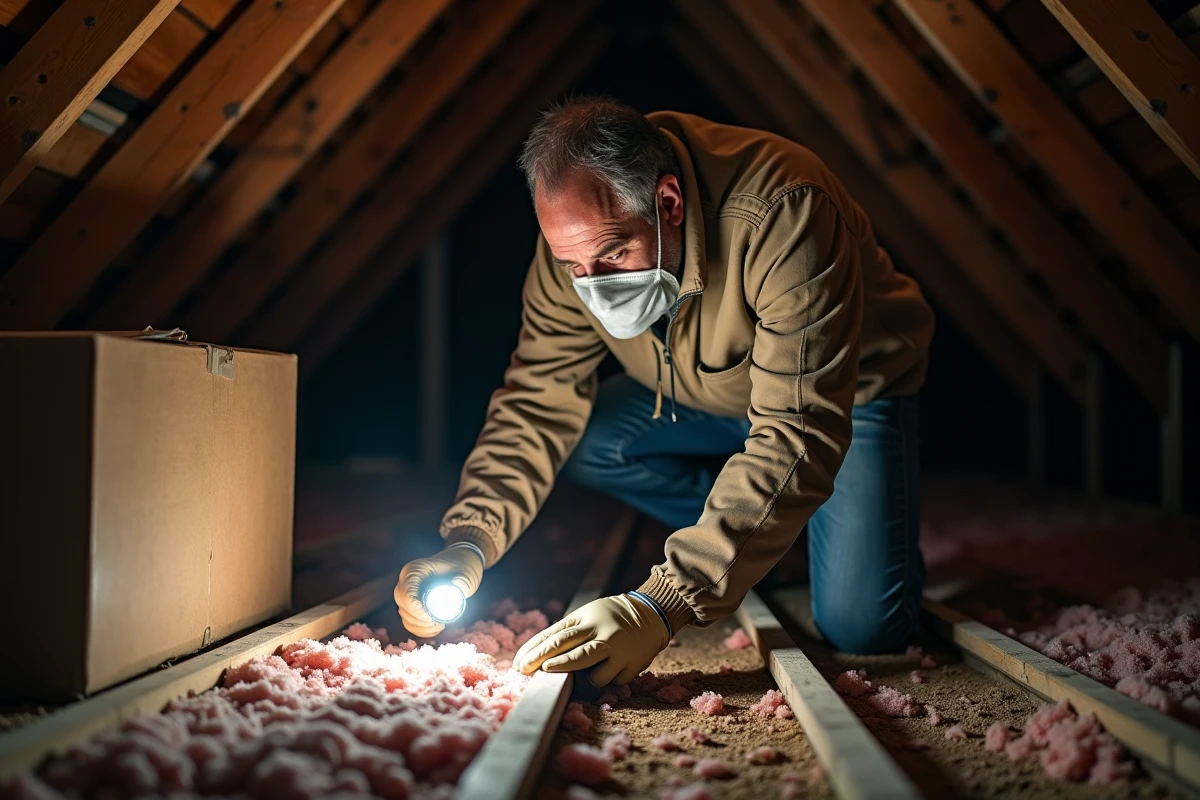 Inspecteur portant un masque et des gants examine les solives d'un grenier poussiéreux à la recherche de traces de rongeurs